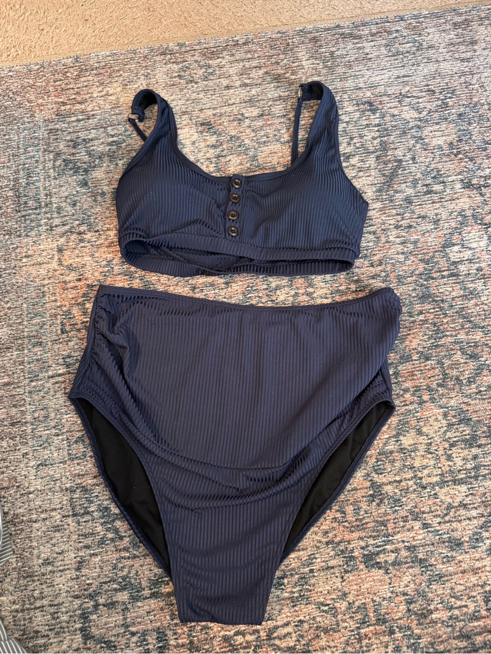 Maternity Ribbed Navy Two-Piece High-Waist Bikini
